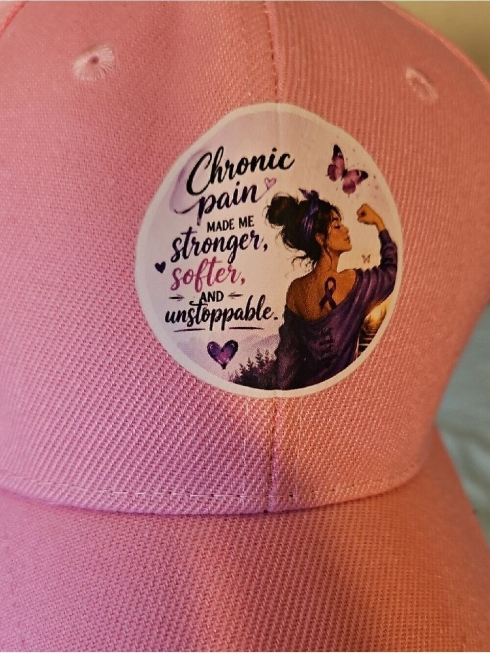 UPCYCLED OOAK Pink Cap Wearable Art Hat Strength Original Design Pain Awarness - Picture 11 of 17